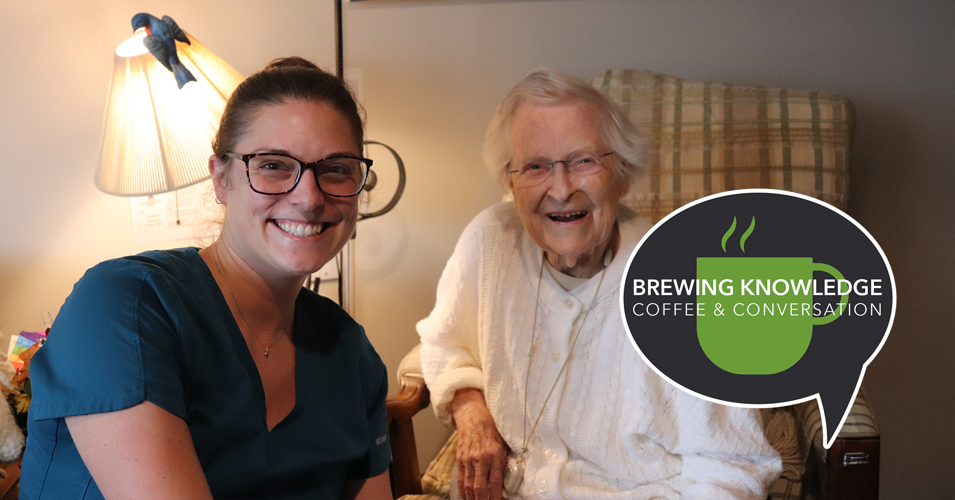 A photo of a caregiver with a senior female smiling advertising an event called Brewing Knowledge Coffee & Conversation - Assisted Living 101.
